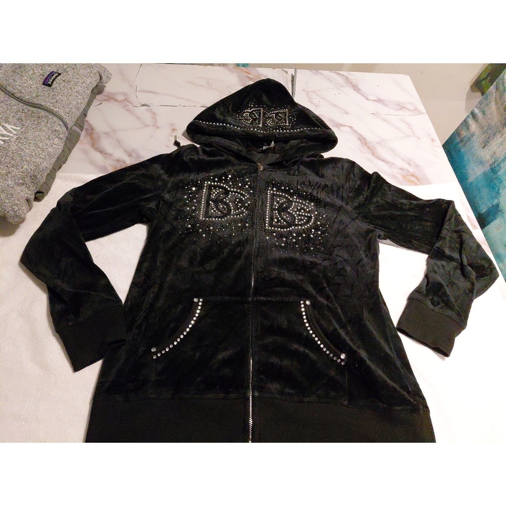 2000s Era Y2K Bratz style BCBG Maxazria black velour rhinestone-embellished Sz L